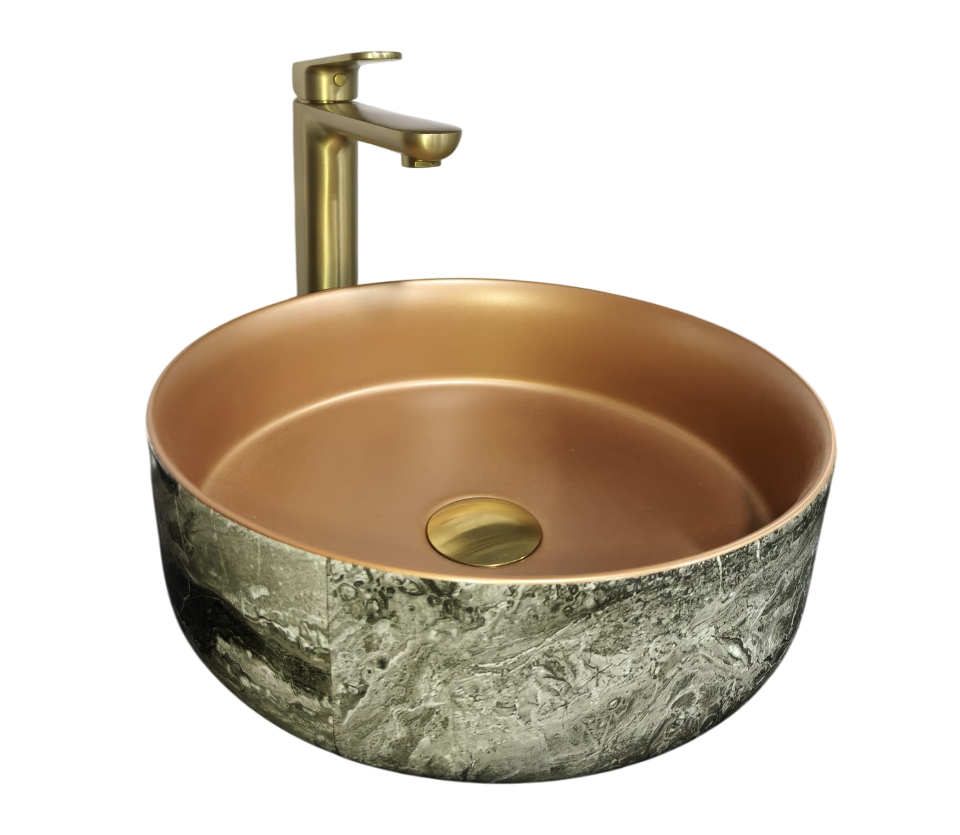 Counter Top Round Wash Basin Bundle With Tall Mixer Tap 1001115 BMB Bundle Gold Series
